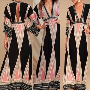 Lulu’s Montecito Black Print Maxi Dress size L Kimono sleeve Plunge New
